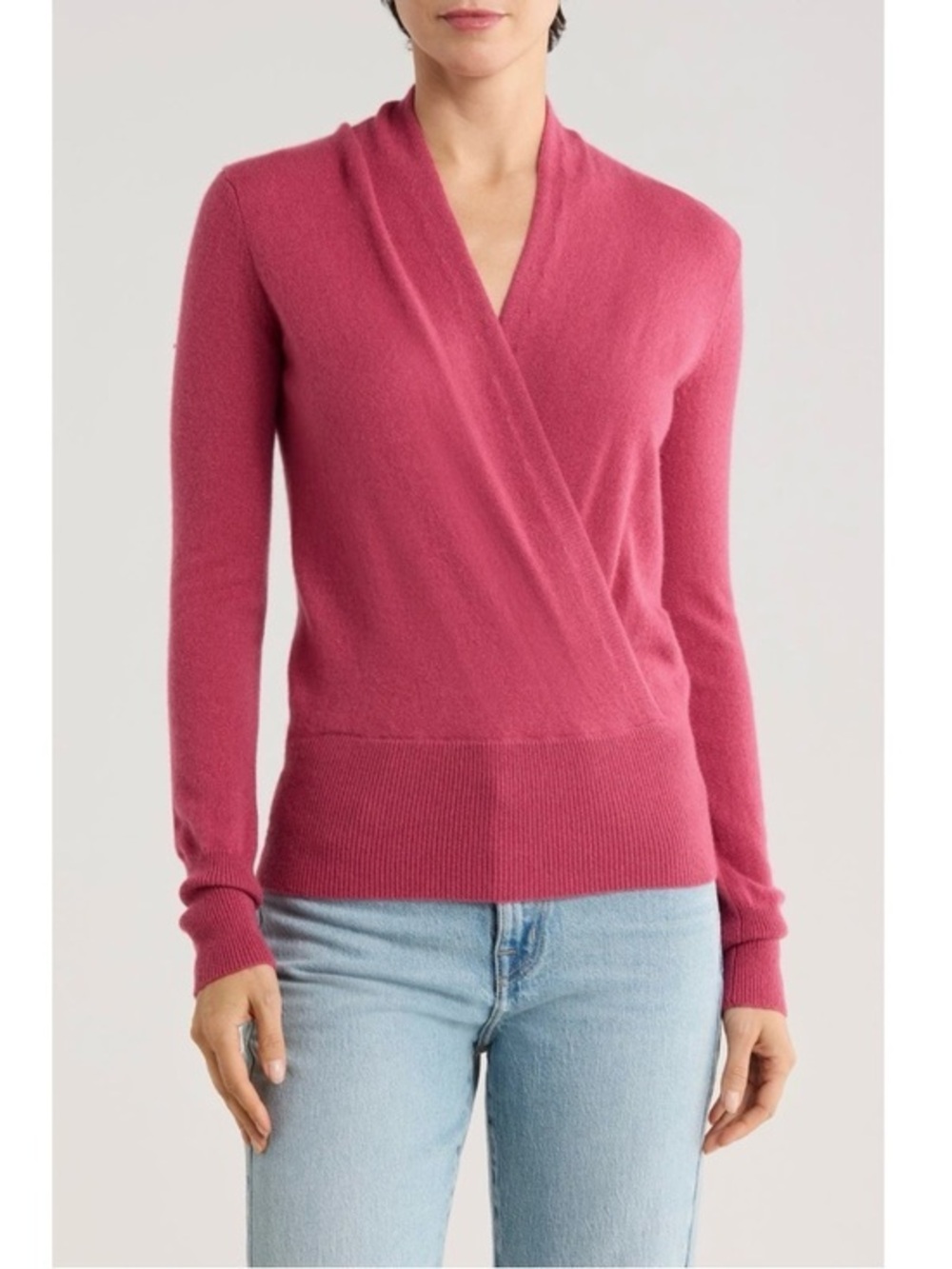 Sofia Cashmere 100% Cashmere Faux Wrap Sweater in Medium Pink Size M